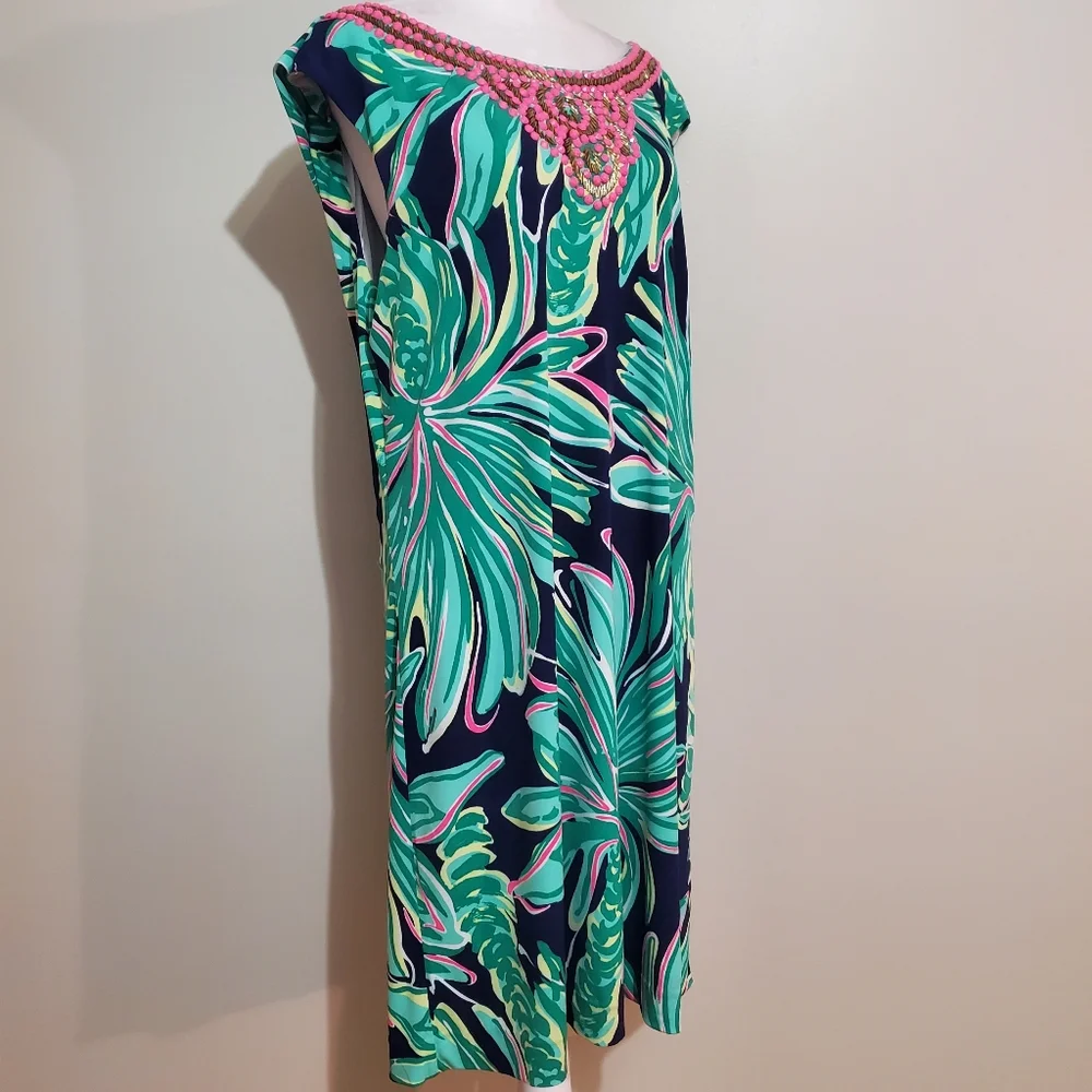Lilly Pulitzer Bristol navy green Tiger Palm beaded sleeveless sheath dress XL - Picture 4 of 13